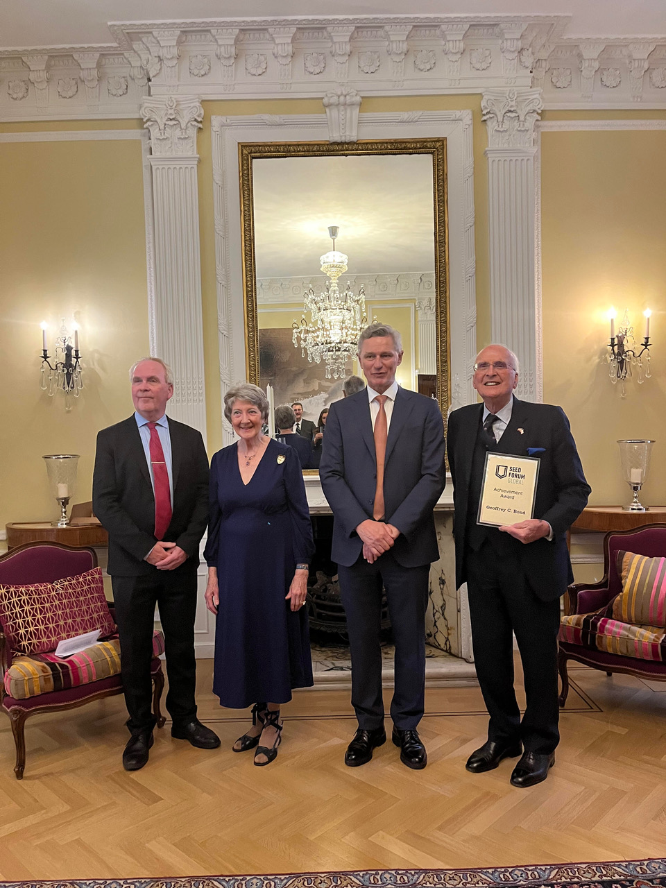 Photo: Geoffrey Bond receiving his Global Achievement Award at the Norwegian Ambassador’s Residence, London. L-R: Steinar Hoel Korsmo, Dianora Bond, HE Ambassador Tore Hattrem, Geoffrey Bond